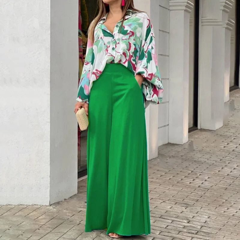 Plus Size Print Womens Set Long Sleeve Shirt Tops and Straight Wide Leg Pants Elegant Tracksuit Two 2 Piece Fitness Outfits 240329