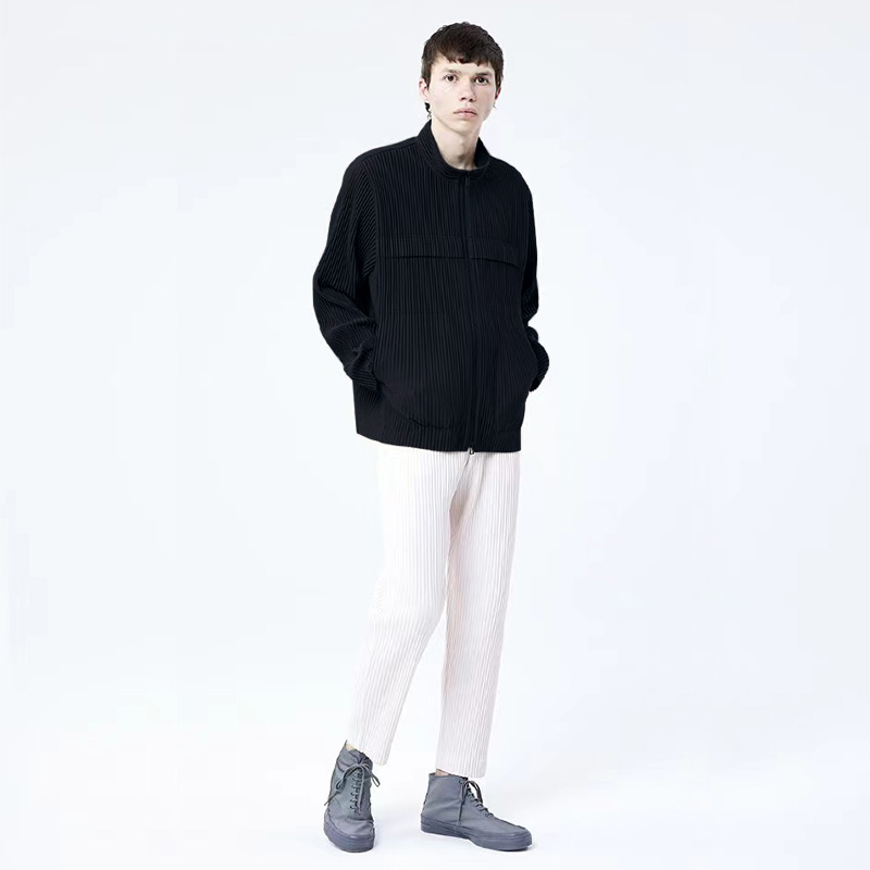 Miyake Pleated Men Jacket 2023 Spring New Solid Color Stand-up Collar Cardigan Zipper Coat