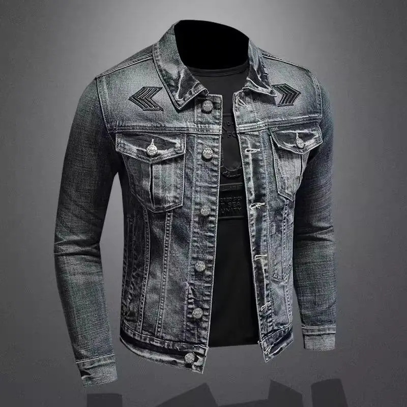 Mens retro denim jacket High Street trend loose street cyclist clothing handsome casual button up collar mens clothing 241108