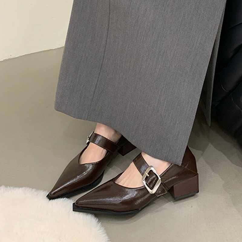 Women's Dress Shoes:Fashion Versatile Design Pointed Toe Sexy Style Chunky Heel New Trendy Mary Jane Shoes,Black/Beige/Brown,Free shipping 4acb