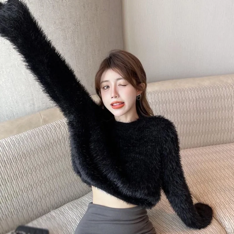 y2k Sweater For Women Sweet Faux new Mink Hairy Pullover O Neck Long Sleeve Loose Short Sweater Lady Casual Soft 2025 Warm Jumper