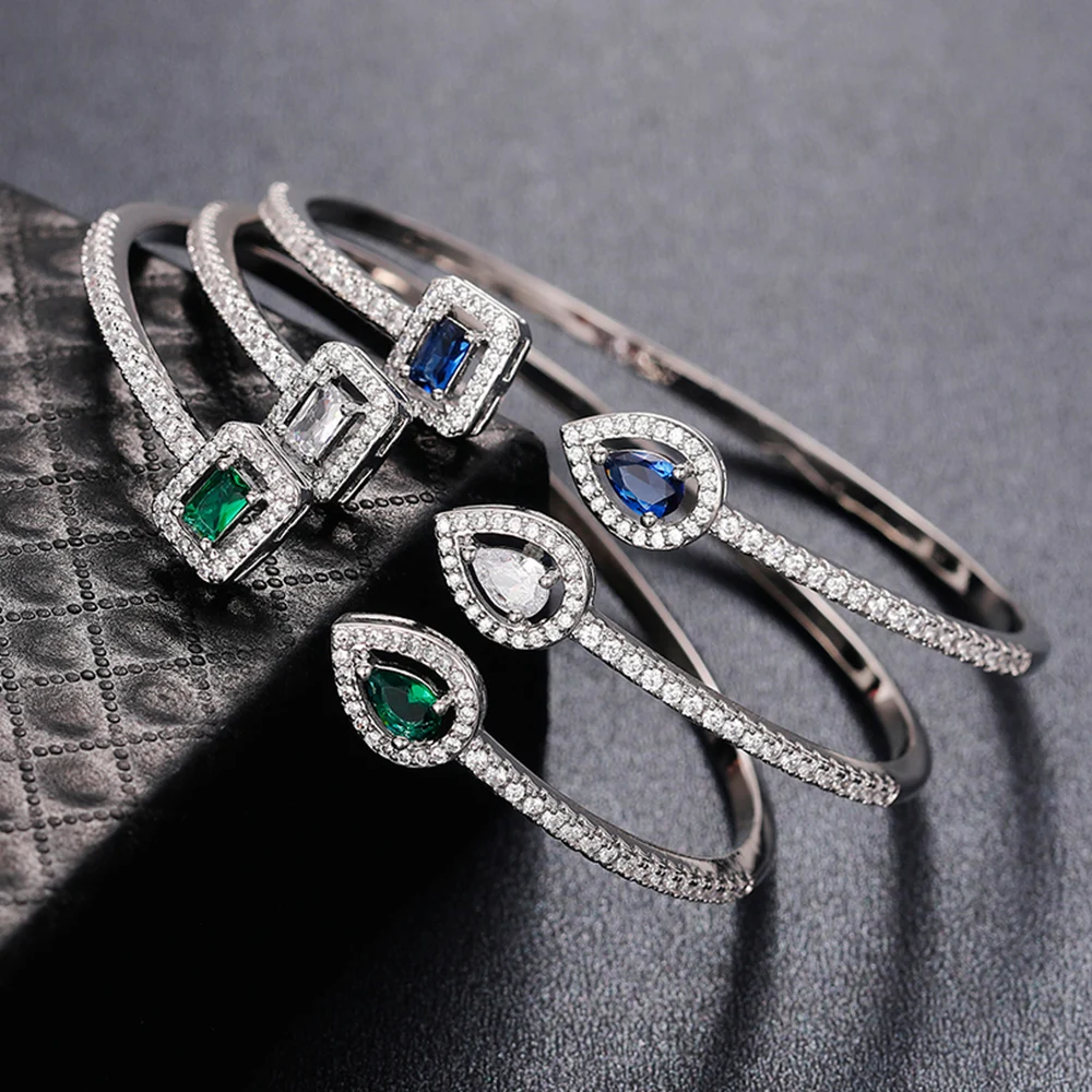 Huitan 2025 Green/White/Blue Cubic Zirconia Cuff Bracelet Bangle new for Women Good Quality Female Hand Jewelry 2022 Drop Shipping
