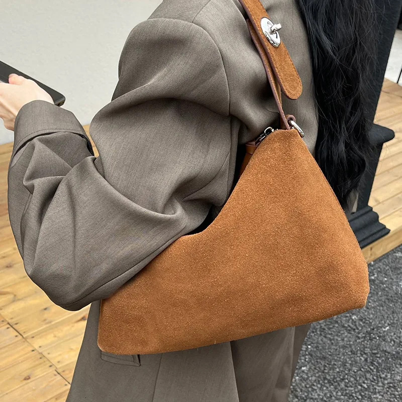 Soft Matte Suede Women's Handbag Autumn Cowhide Shoulder Crossbody Bag Simple Leather Colletion Grey Brown Tote New For Winter Genuine Leather Zi