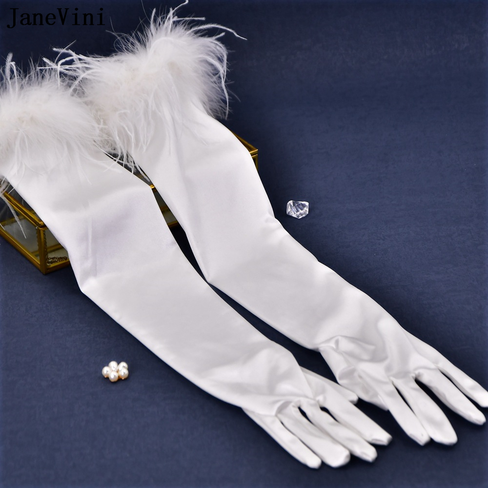JaneVini 2023 White Feathers Long Bridal Gloves Women Satin 55cm Long Bride Wedding Gloves Arm Length Lange Handschoenen Dames