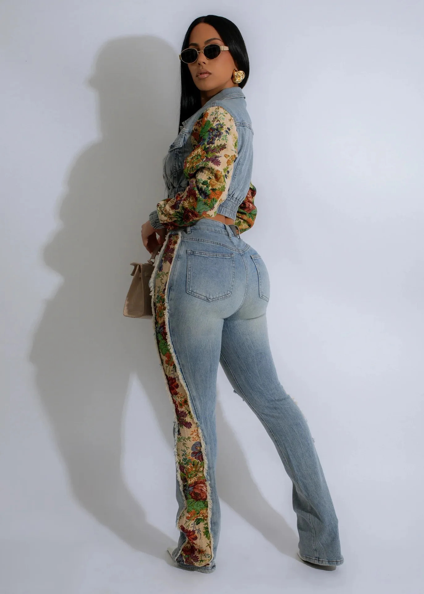 Denim Outfit Women Floral Patchwork Full Sleeve Button Fly Cropped Jacket Ripped Jeans Pants Two Piece Set Streetwear Trackuit 241111