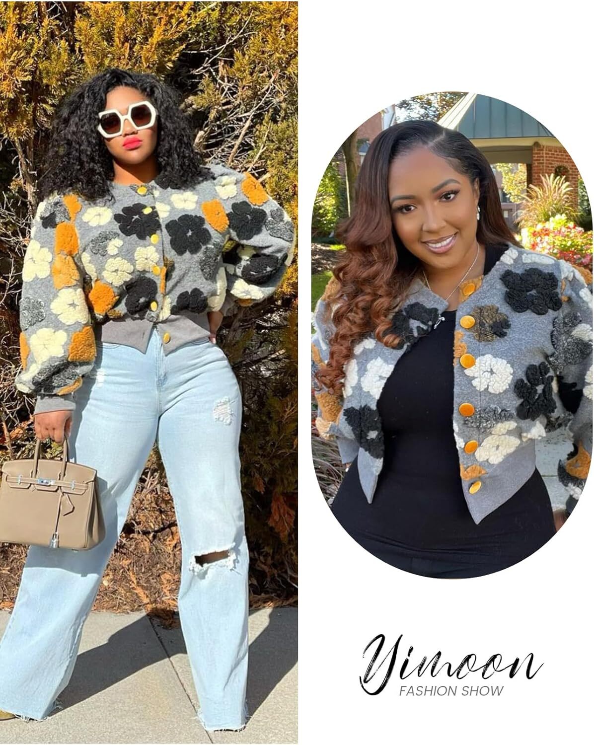 Women's Cropped Ral Print Bomber Puff Sleeve Fleece Varsity Jacket Button Down Fall Winter Outerwear Coat