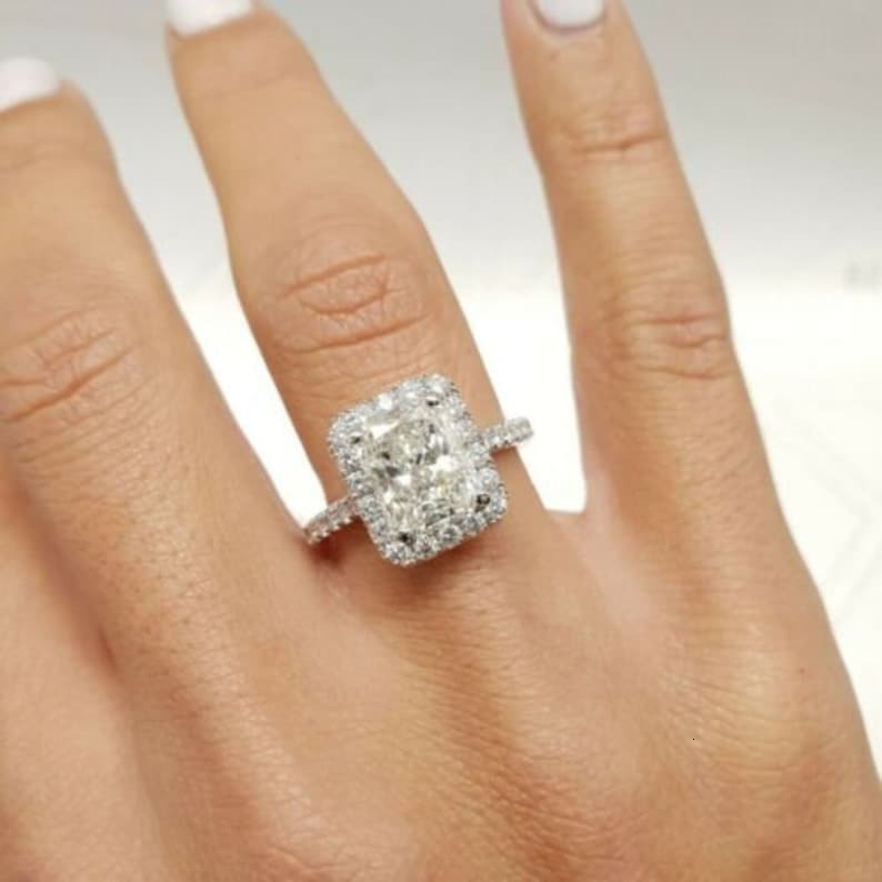 Radiant Cut Moissanite Hidden Halo Ring Platinum 2.23 CT Colorless White Engagement Bands or Rings Customize Size Nickel Free gorgeous