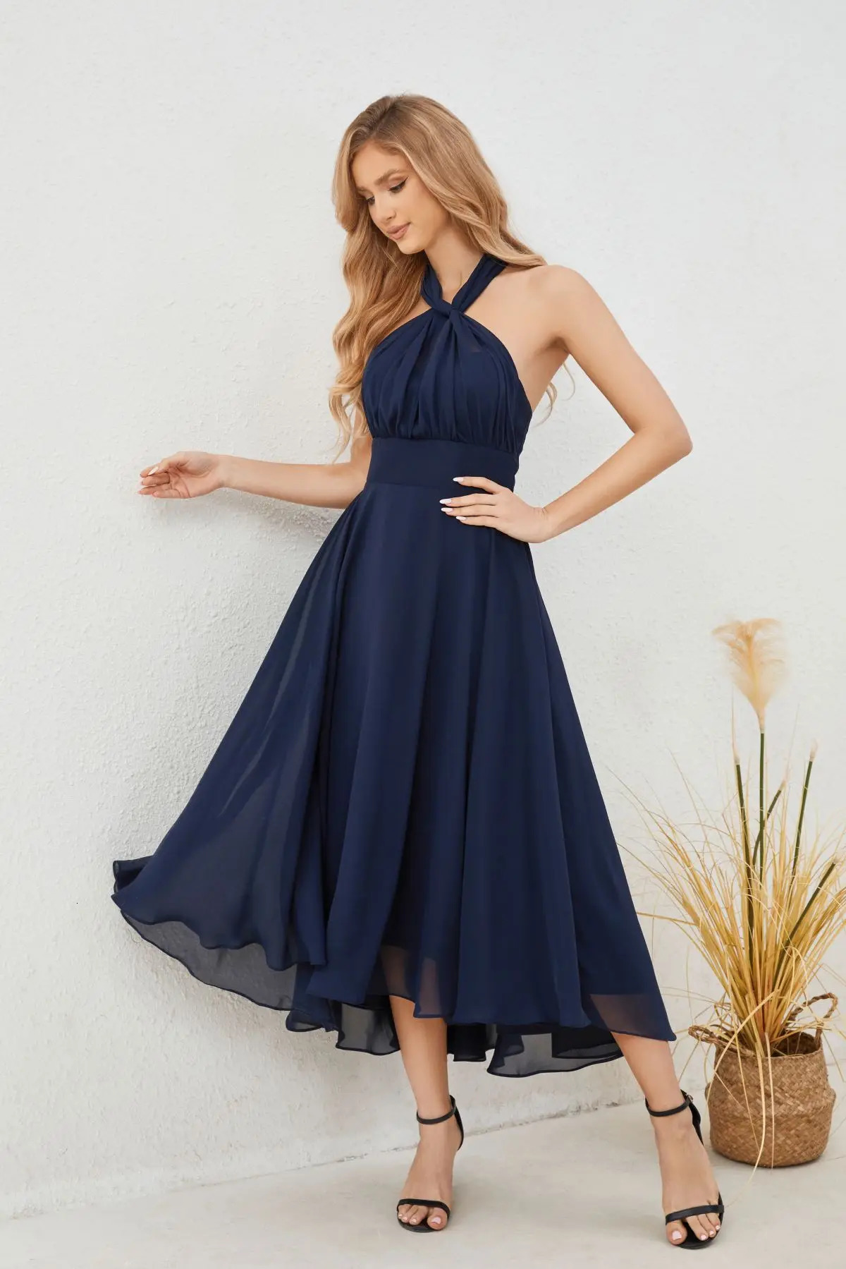 ALine Blue Wedding Guest Dresses Convertible Infinity Mother Dress Formal Tea Length One Shoulder Chiffon Multiway Maxi 240401
