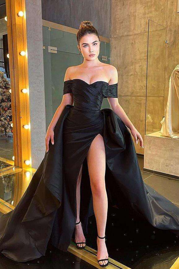 Black Off the Shoulder Satin Pleated Dress Mermiad Side Slit Prom Gown with Removable Court for Women vestidos de festa
