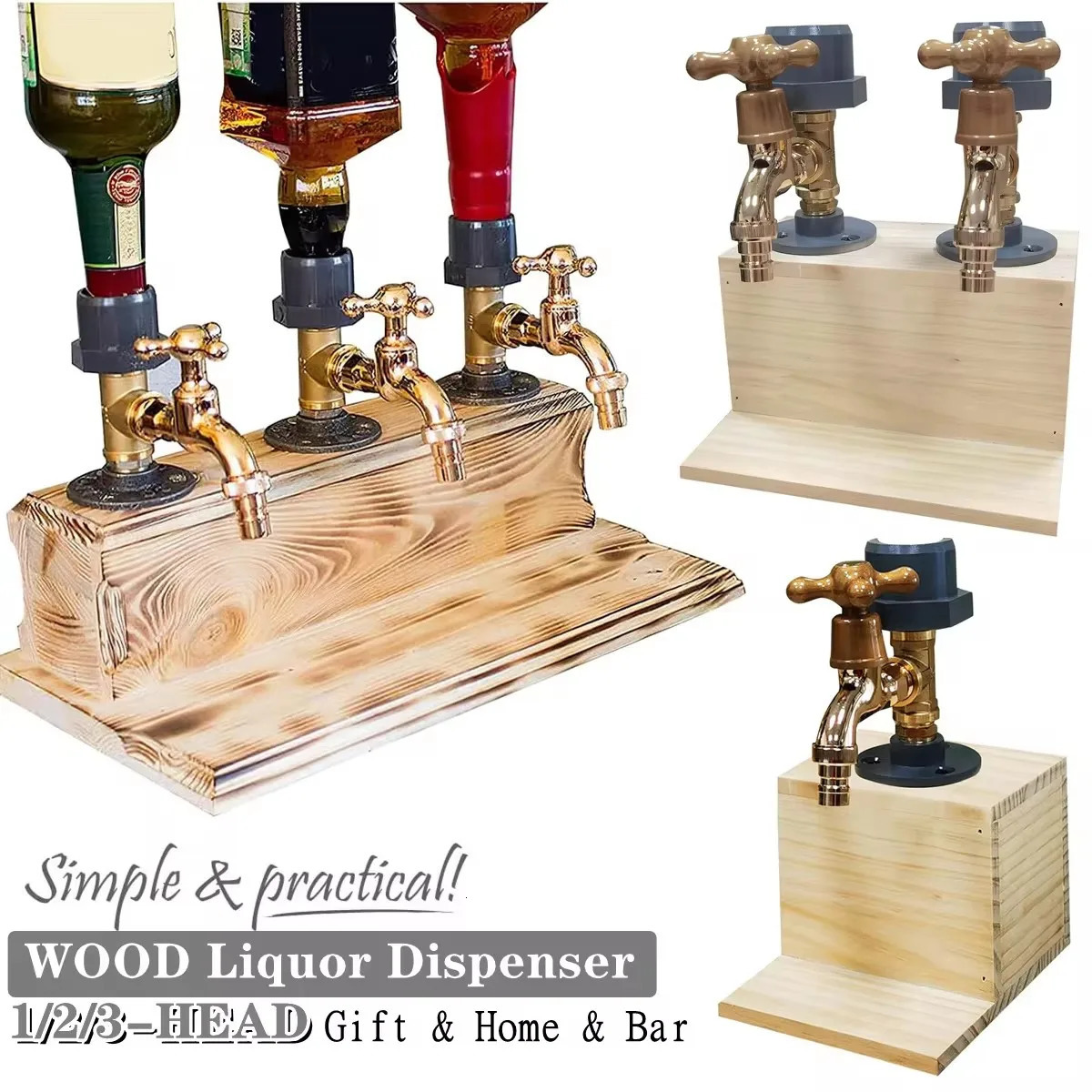 Whiskey Wood Liquor Dispenser 1-3 Head Cocktail Wine Alcohol Drink S for Fathers Day Holiday Gift Liquor Beverage Dispenser 241111