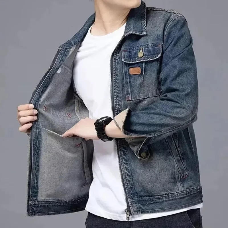 Mens denim paired with a one-piece jacket 241108