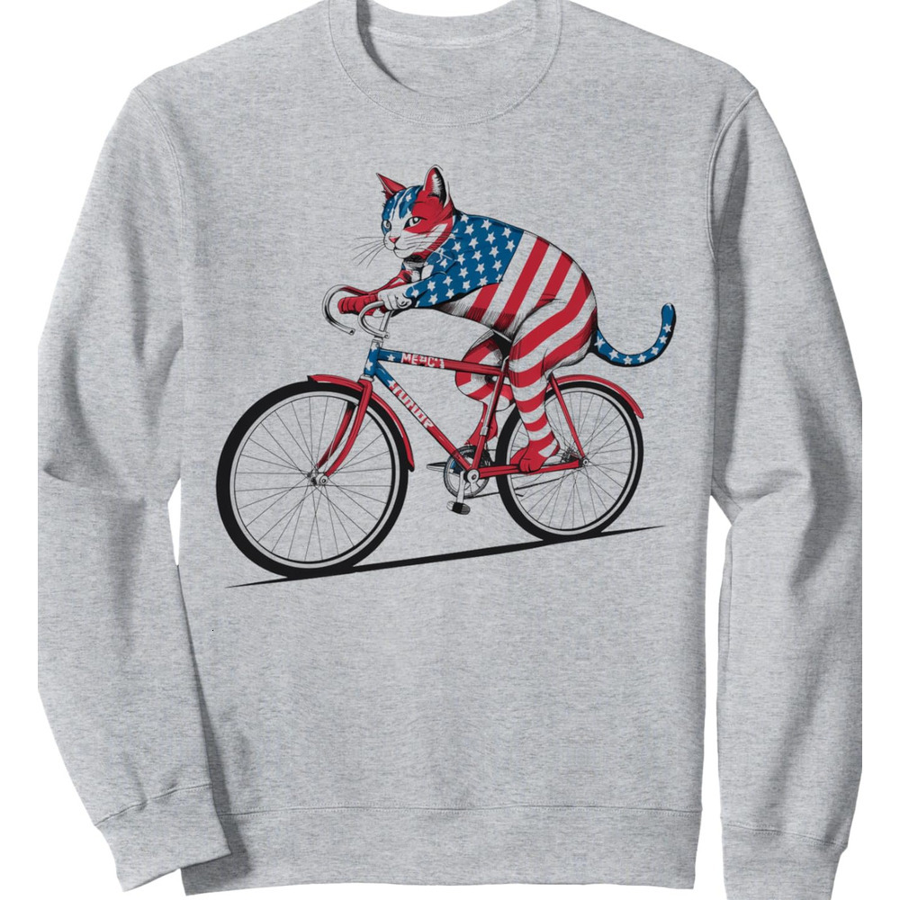 Long Sleeve Shirts for Men sweatshirt Cycling American Flag Cat Bicycle USA Patriotic Cyclist Sweatshirt T shirt Tee Streetwear Casual tops clothes