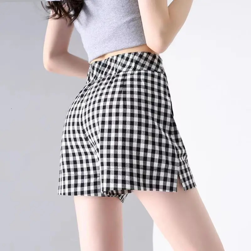 Summer Women Korean Fashion Retro Elegant Plaid Print Aline Shorts Female High Waist Casual Pockets Split Chic Short Pants 240411