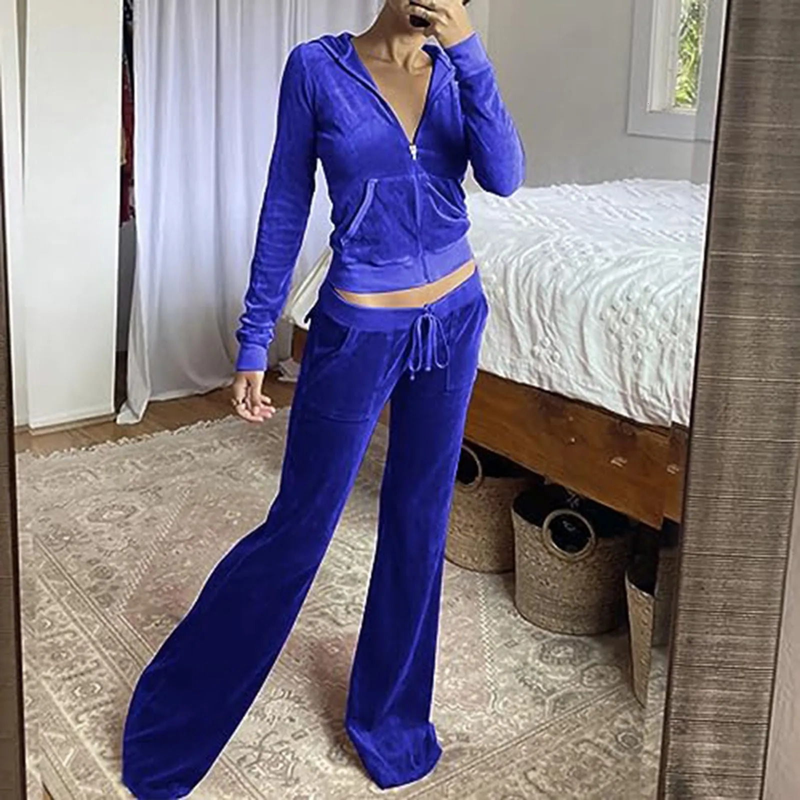 Women Tracksuit 2 Piece Flared Pants Slim Fit Velour Velvet Sweatsuit Casual Zip Up Hoodie Jacket Sweatpants Vintage Trousers 241111