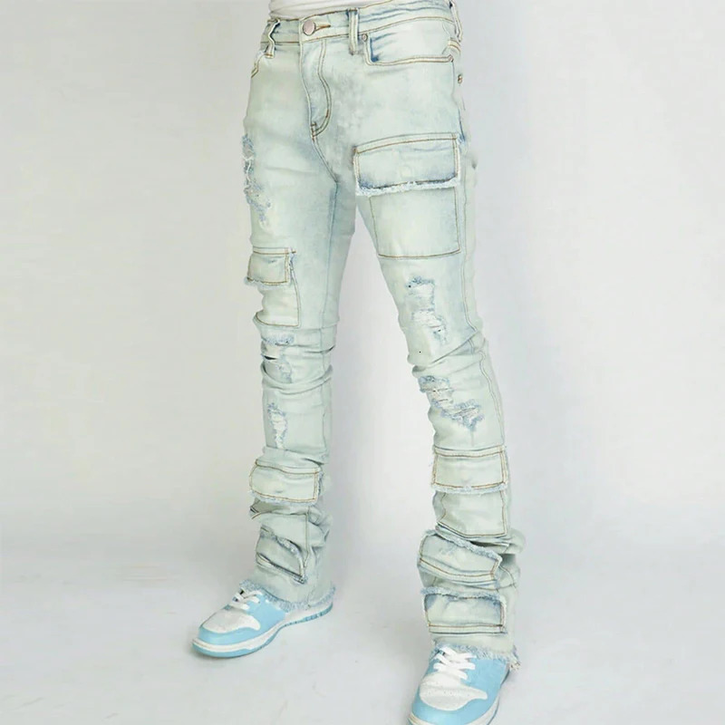 Y2K Mens Jeans Streetwear Spring Fall Vintage Ripped Patchwork Pockets Cargo Jean Men Stylish Slim Fit Pleated Solid Denim Pants 241111