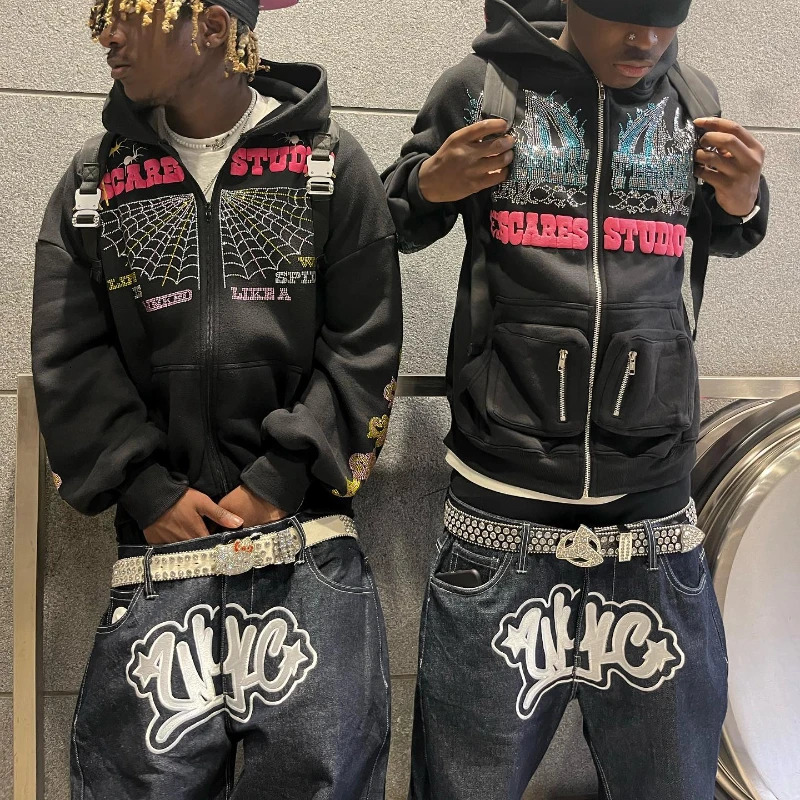 Y2K mens street jeans with printed letters black retro pants Harajuku fashion casual loose mens rock wide leg pocket jeans 241108