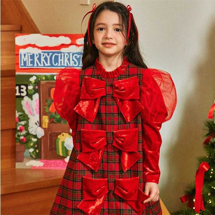 Korean Girls Kids Dress For Autumn Winter Christmas Plaid Bow Princess Party Dress Skirts Childrens Clothing Presale 241111