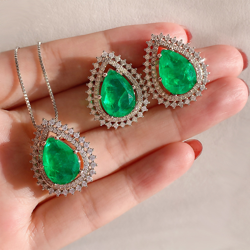 QXTC Pear-Shape Paraiba Tourmaline Emerald Gemstone Lab Dia Pendant Necklace Stud Earrings Jewelry Sets Gifts for Women 3eb98 5 84ddb