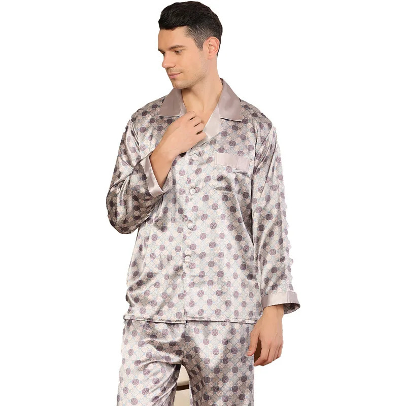Printed Silk Pajamas for Men Sleepwear Cozy Soft Smooth Long Sleeve Nightgown Tops Trousers Two Pieces Mens Pajama Set 241111