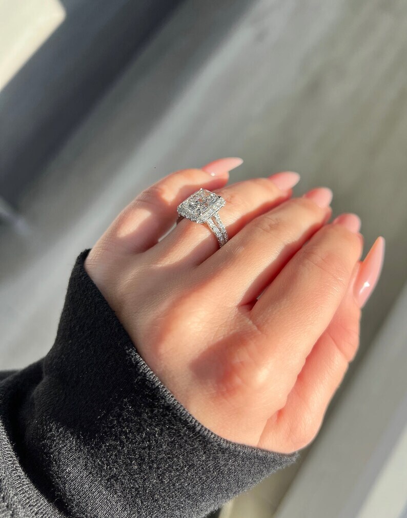 3.80 TCW Colorless Radiant Cut Moissanite Art Deco Ring 14K White Gold gorgeous