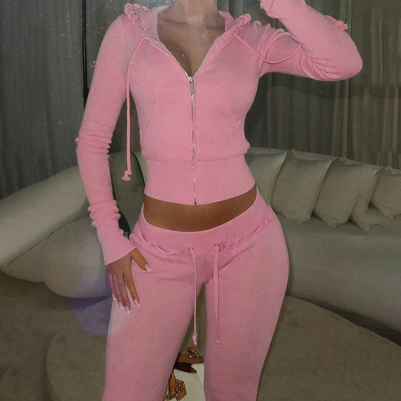 Women Solid Drawstring Ribbons 2 Piece Set Long Sleeve Zipup Hooded Sweatshirts Tops Flare Pants Fashion Casual Tracksuits 241111