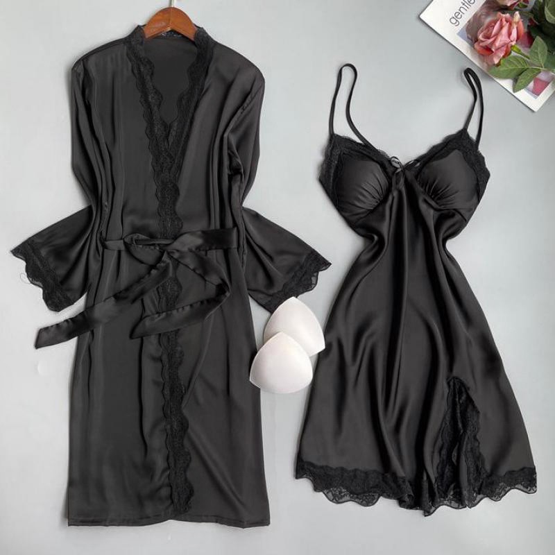 Black Lace Twinset Robe Set Sexy Women Silky Satin Sleepwear Kimono Bathrobe Gown Suit Spring Summer Nightgown Homewear