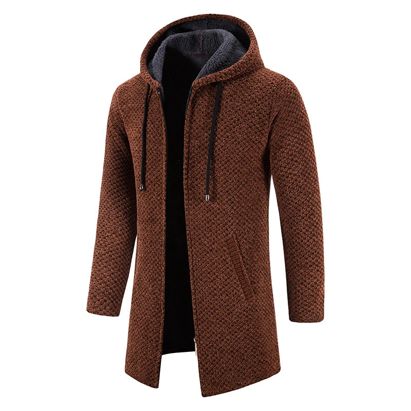 Mens Winter Trench Coat Long Knit Sweater Jacket Fleece Warm Hoodies Beige Business Casual Cardigan Zipper Jumper Overcoat 241108