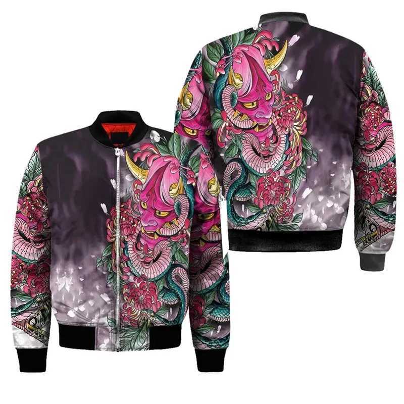 Spring and Autumn Mens Bomber Jacket Warrior Oni Mask Tattoo 3D Full Print Zipper Track Set Street Casual Zipper Jacket Clothing W241111