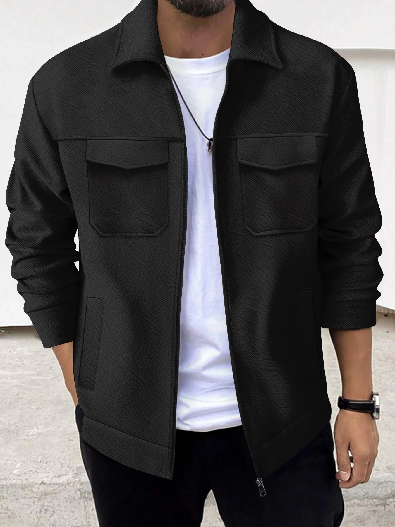 Autumn and winter mens business casual jacket trend fashion solid color lapel pocket zipper thick longsleeved top 241108
