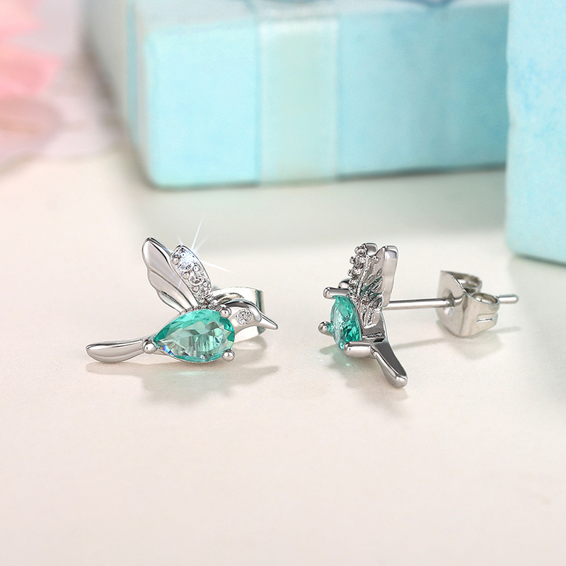Earrings s925 sterling silver simple hummingbird Stud women light green teardrop-shaped diamond Stud earrings white crystal party Stud luxury jewelry