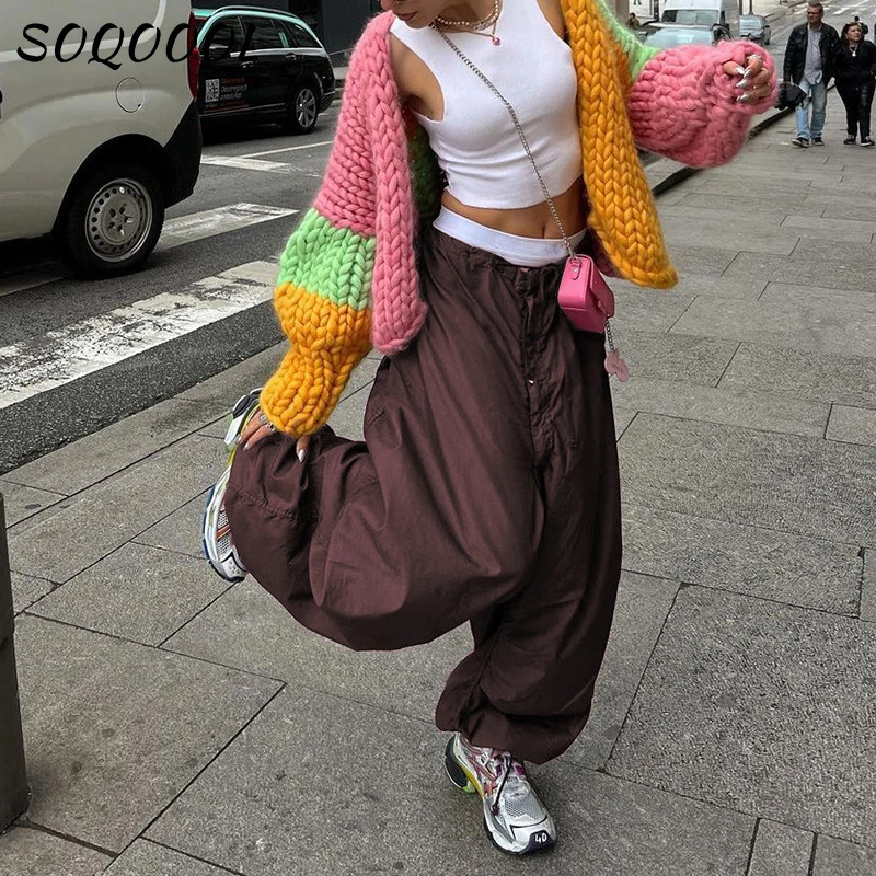 Hippie Y2K Cargo Pant Low Waist Sweatpant Drawstring Pockets Baggy Wide Leg Trousers Korean Vintage White Parachute Pants 241108