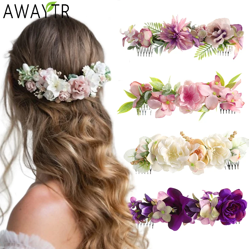 Bride Flower Hair Combs Wedding new Headwear Romantic Rattan Floral Hairpin Hair Comb Clip Back of Head 2025 Women Hair Accessories