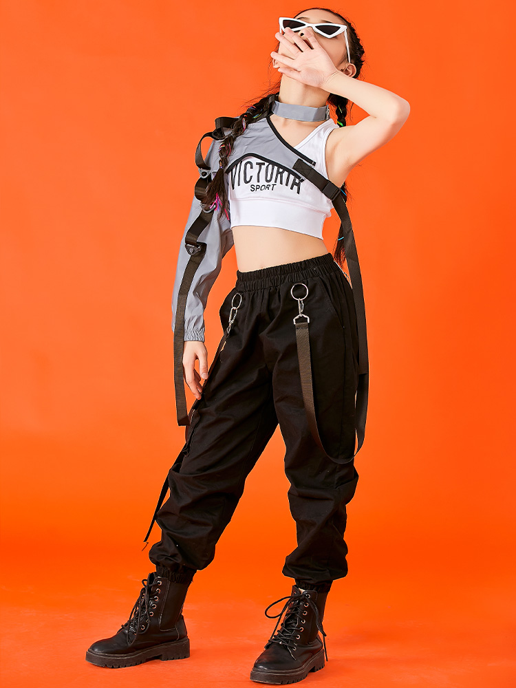 Hip Hop Dance Costumes For Kids Single Sleeve Tops Cargo Pants Kpop Outfits Girls Jazz Performance Stage Show Clothes DQS6676