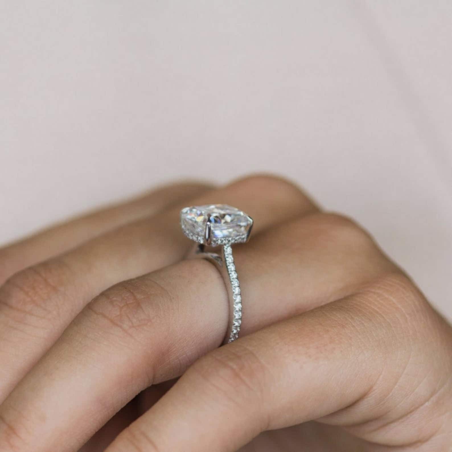 3.00CT VVS Cushion Cut Real Moissanite Engagement Hidden Halo White Gold Ring gorgeous