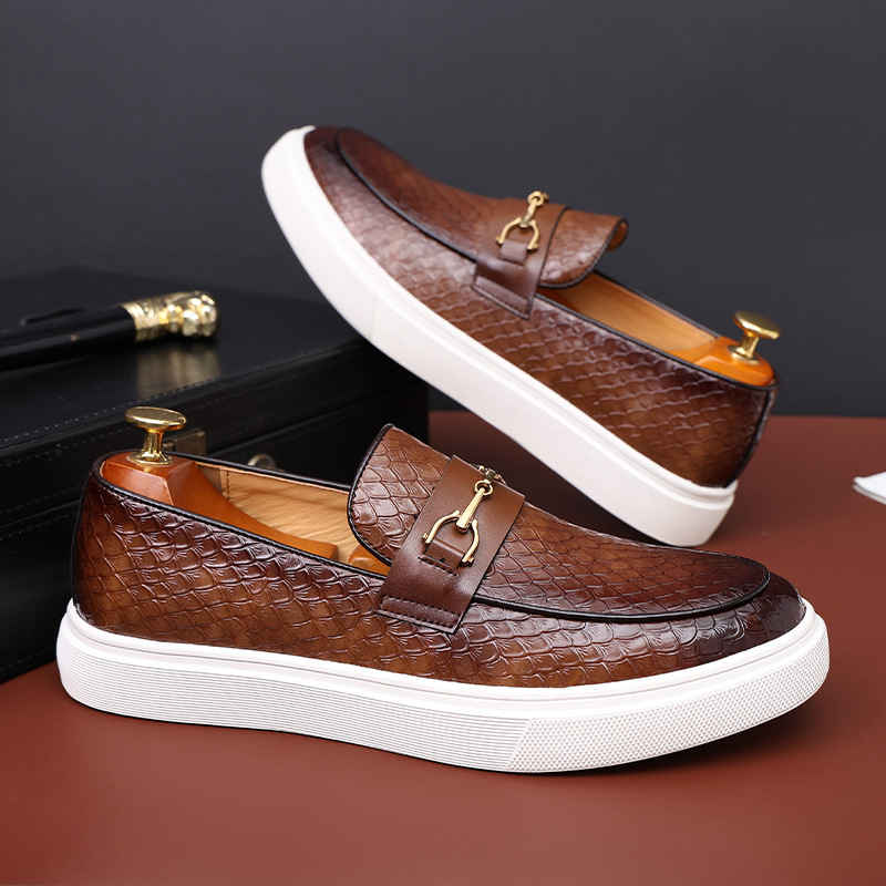 Casual Men's Emed Leather Men Fashion Buckle Loafers Mens Slip-on Board Shoes Outdoor Flats c385 s