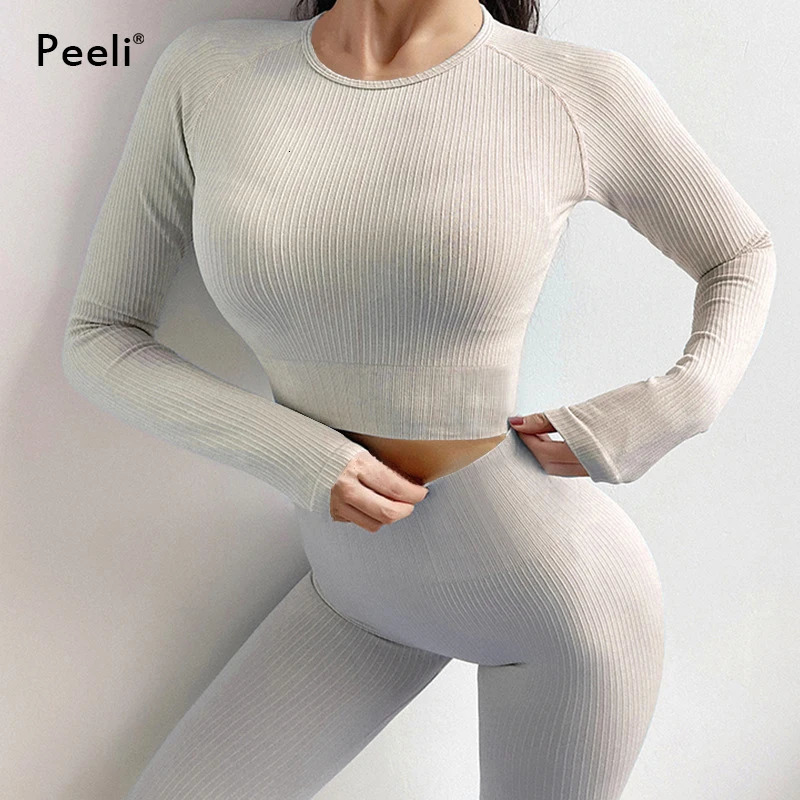 Seamless Yoga Suit Sports Set Gym Clothes Fitness Women Long Sleeve Crop Top High Waist Leggings Ribbed Workout Set Tracksuits 241111