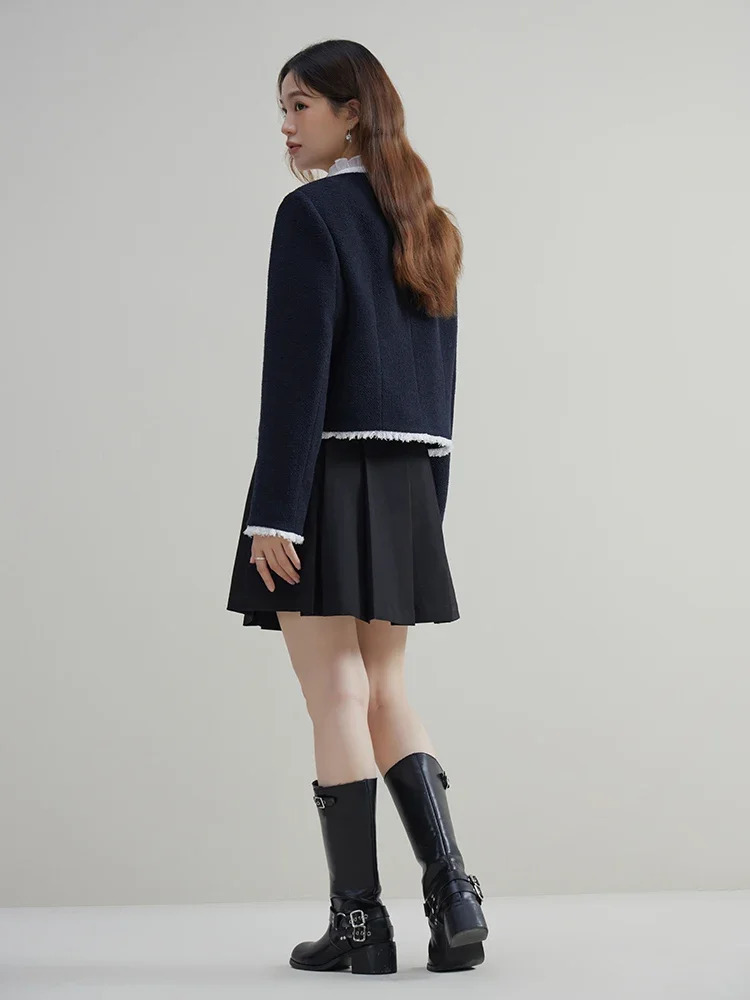 DUSHU Color Blocking Tassel Border Coarse Tweed Jacket For Winter Wool Blend Short Office Lady Women 241111