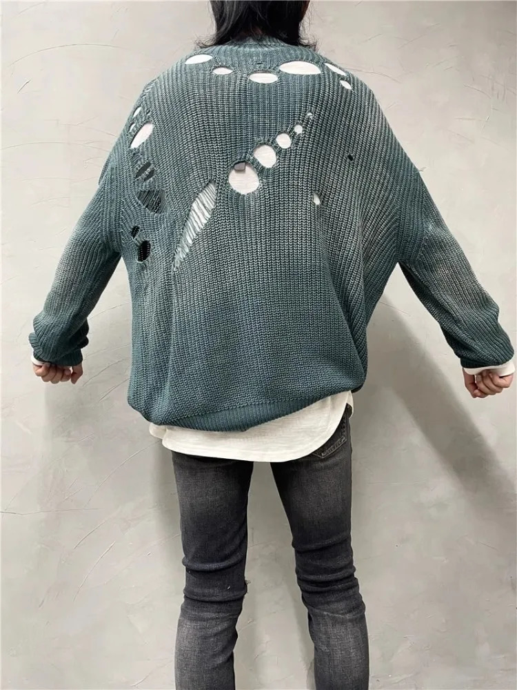 Autumn Vintage N Loose Fit Hole Sweater Mens Casual Long Sleeve Oneck Knit Tops High Street Fashion Pullover Knitwear Male 241111 B4