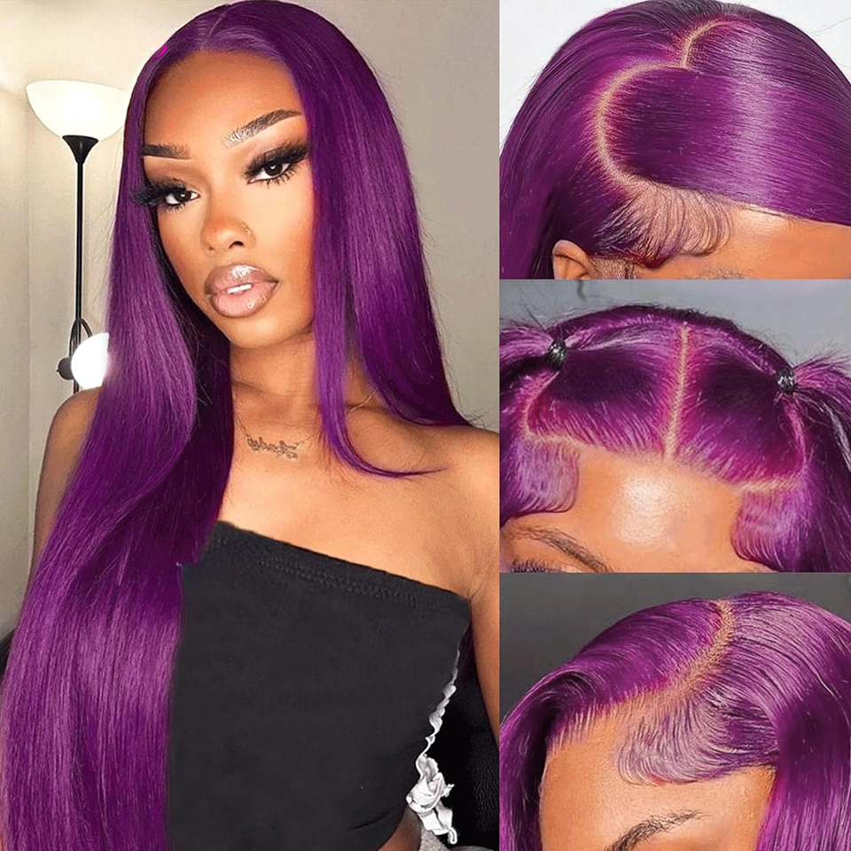 180density 13X4 Wig Dark Purple Frontal Human Hair For Woman Pre Plucked Straight Colored Lace Front Wigs