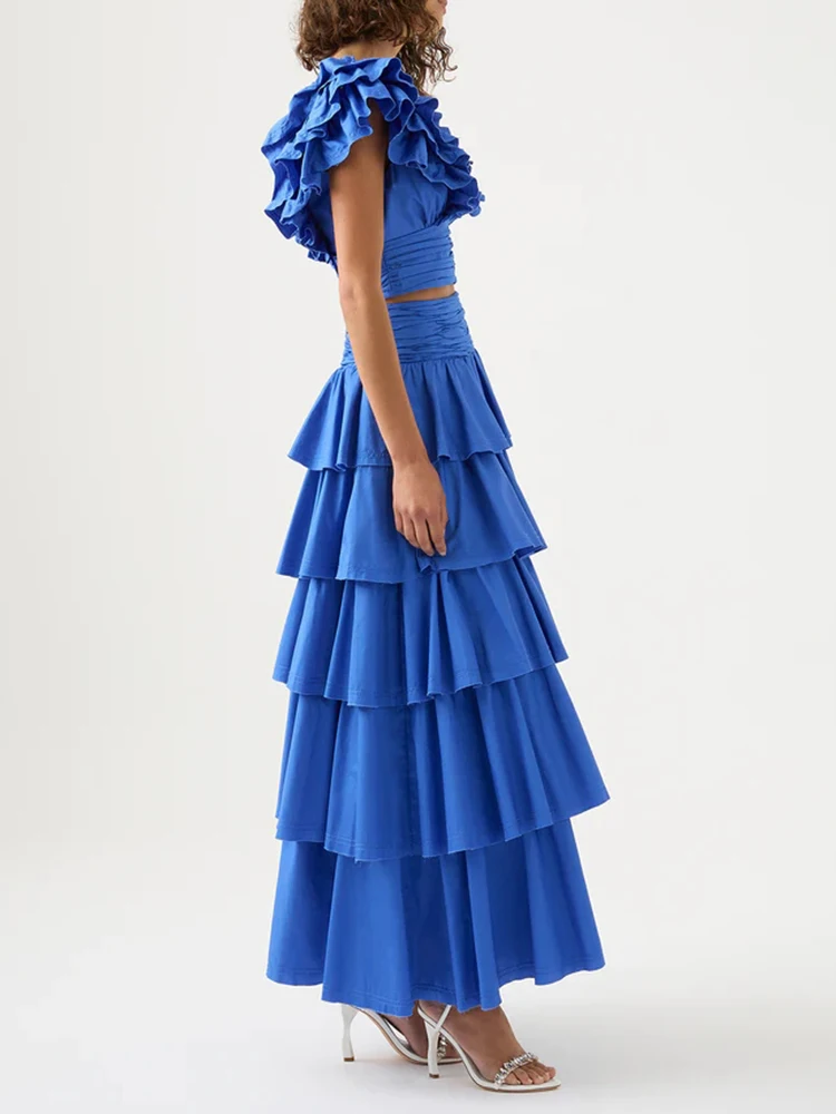 VGH Solid Two Piece Sets For Women V Neck Butterfly Sleeve Folds Crop Tops High Waist Tierred Pleated Skirt Casual Set Female
