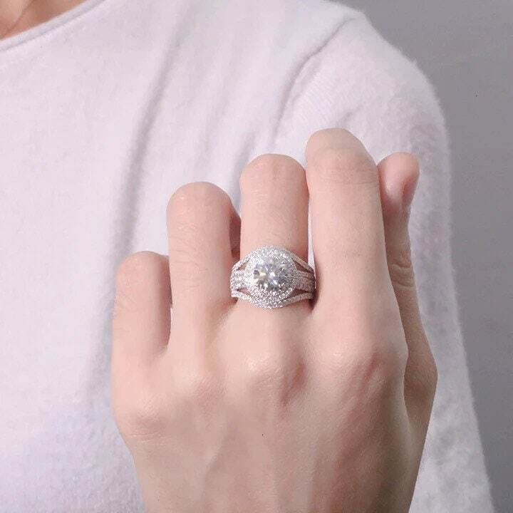 By Ritzin Inc Moissanite Ring Set Wedding Rings Original for Womens Women's Sterg Sier Round Adjustable Zirconia 6.5 Mm gorgeous