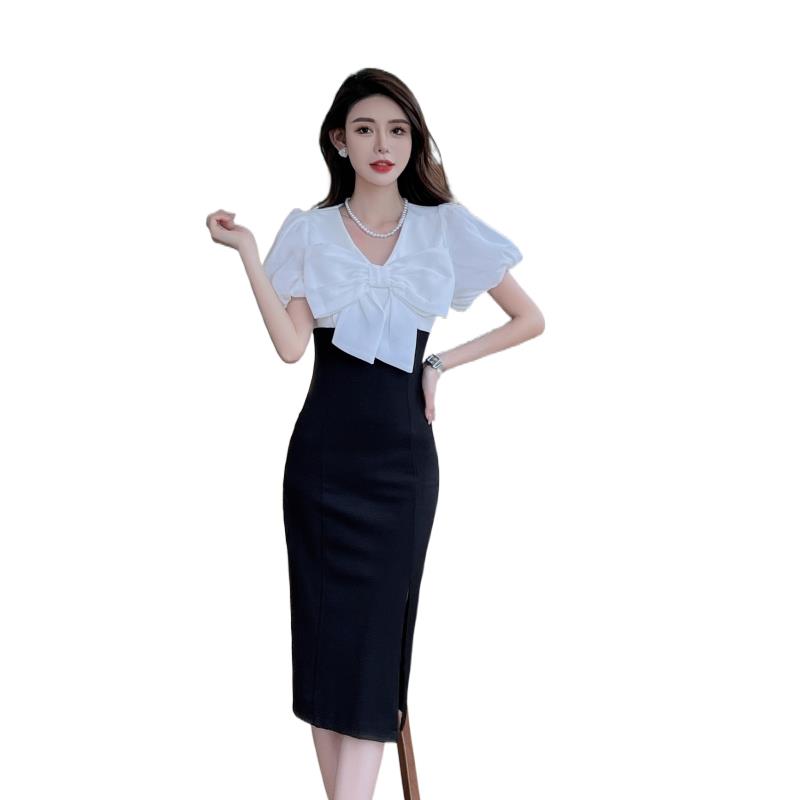 Women Yangyang & Summer FashionFrench Light high-end Luxury Black And White Stitching Bow Female Waist Split Little Black Dress