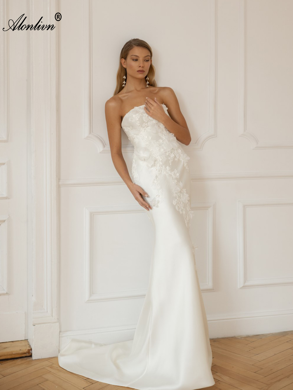 Attackable Strapless 2 In 1 Mermaid Wedding Dress Beading Pearls Appliques Decathed With 3D Flowers Removable Satin Train Off The Shoulder Trumpet Bri