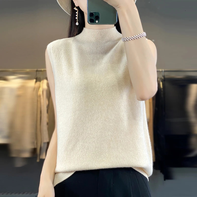 Cashmere Vest Womens 100% Merino Wool Pullover Indoor Sleeveless Sweater Halfturtleneck Office Tops Waistcoat 241111