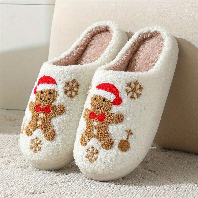 Christmas Gingerbread Man Cartoon Pattern Slippers for Men and Women - Casual Fabric Indoor Footwear with TPR Sole, Universal Fit, Round Toe, All-Seas