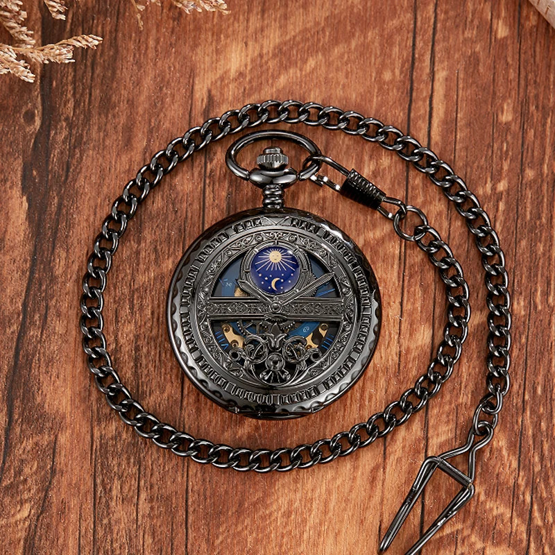 Hand woven mechanical pocket watch retro hollow blue moon star steampunk skeleton watch Roman numeral watch with Fob chain 241108
