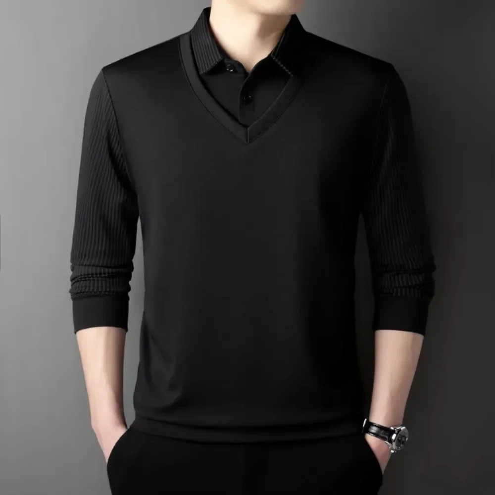 2025 Two Collar Mens Daily Casual Tee Long Sleeve Sweatershirt Pullover Tops Lapel Polo 241111