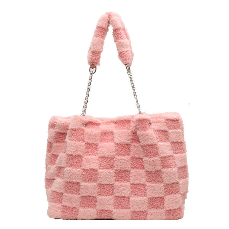 Large Capacity Plaid Fur Bag Lazy Style Shoulder Winter Bags New Casual Armpit Plush Hand Held Tote Bag Womens Handbags 241111