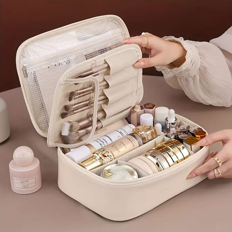 Large Capacity Cosmetic Bag, Faux Leather Makeup Organizer, Portable with Multiple Compartments, Durable PU Material, Easy to Clean Store, Perfect for