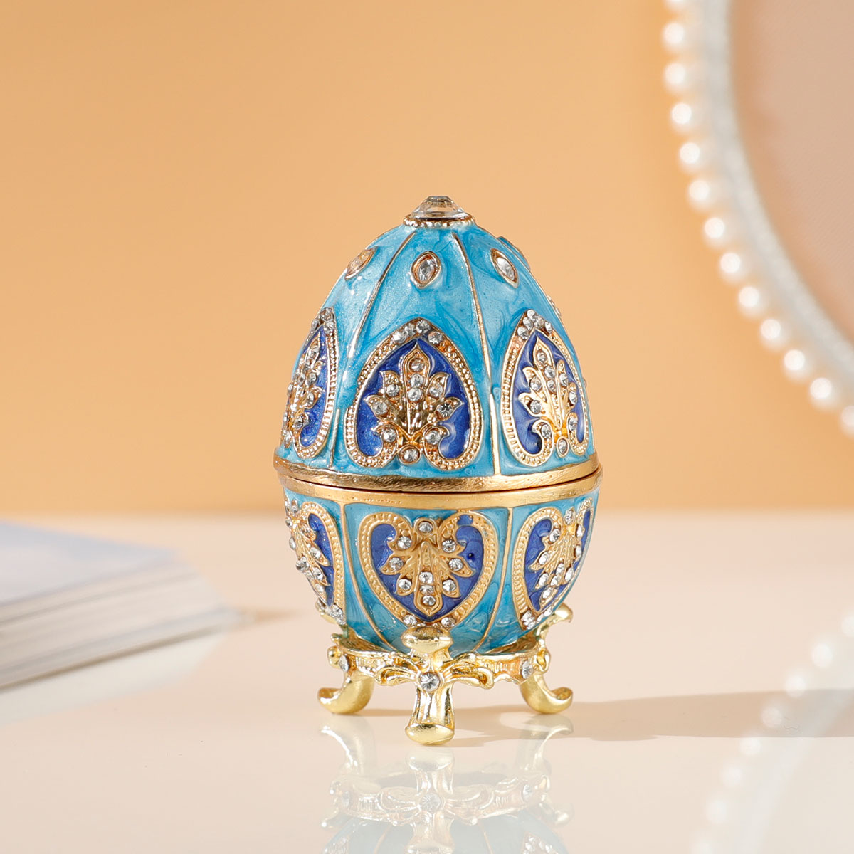 Blue Vintage Faberge Style Egg Trinket Box - Unique Hand Painted Enameled Jewelry Box, Collectible, Unique Gift for Home Decor